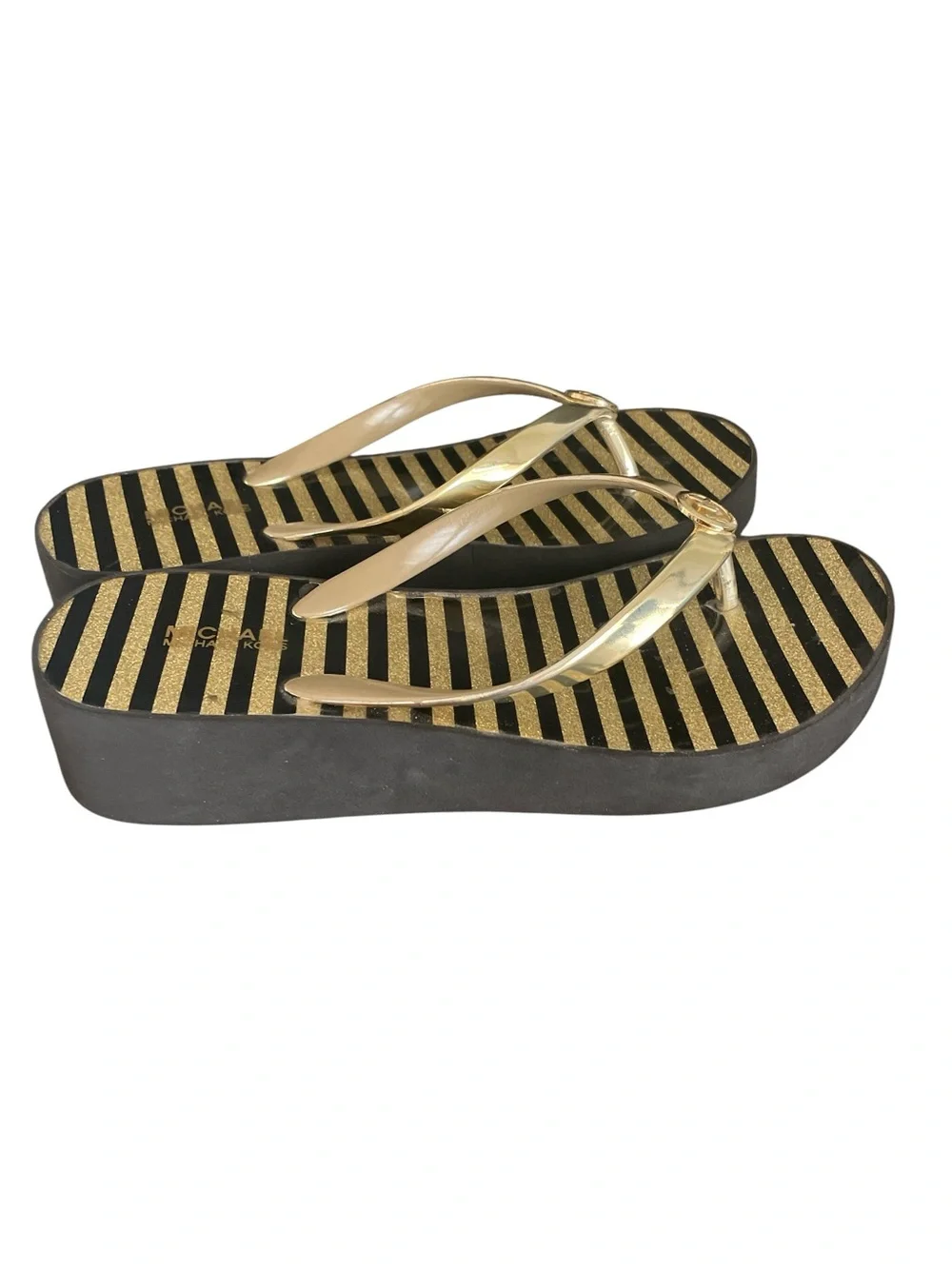 Michael Kors Women's Gold & Black Striped Wedge Flip Flops Size 8